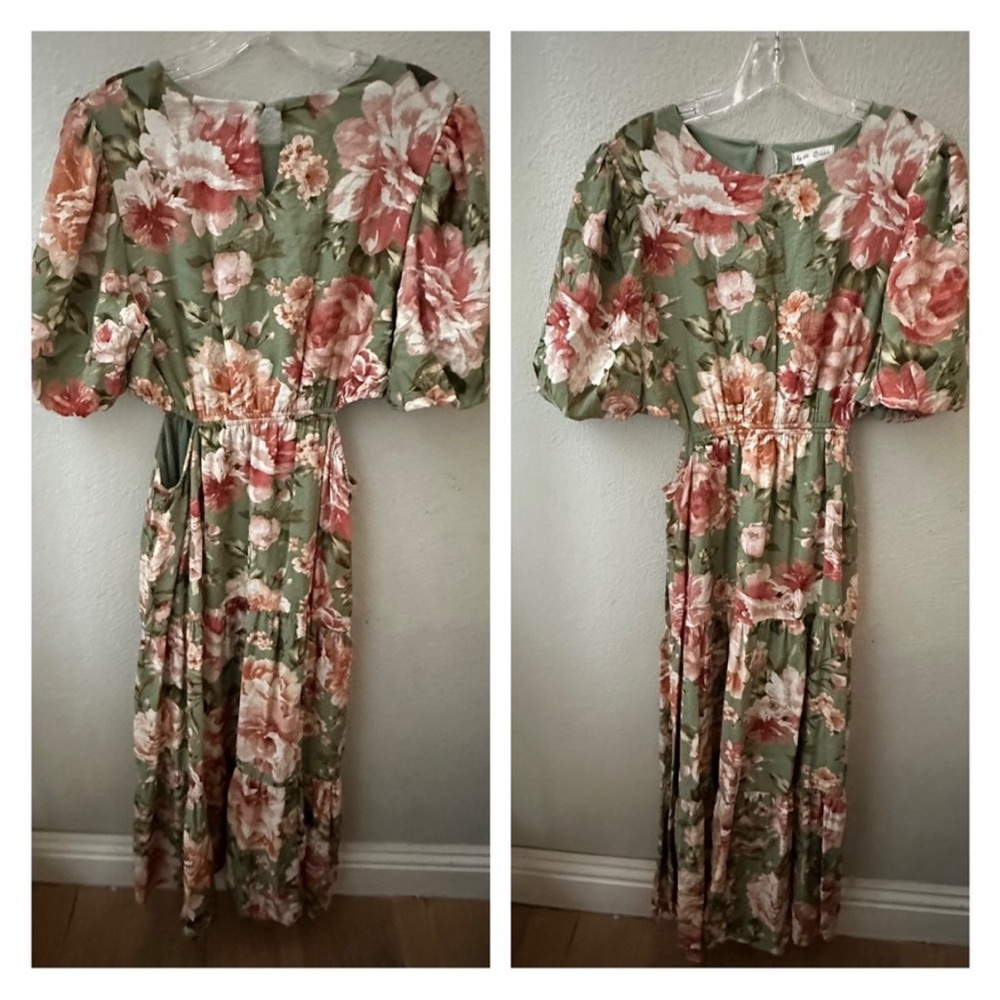 by the river green puff sleeve floral maxi cut out waist dress womens M